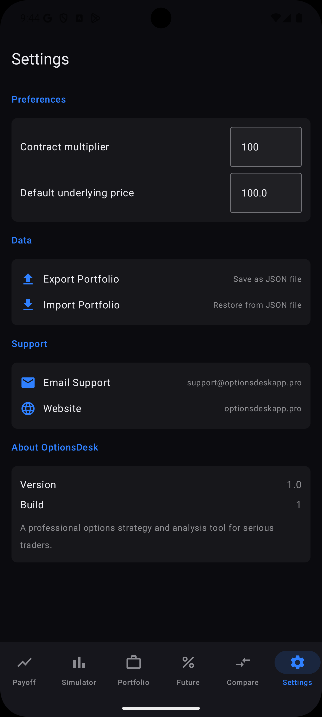 OptionsDesk Android — Settings